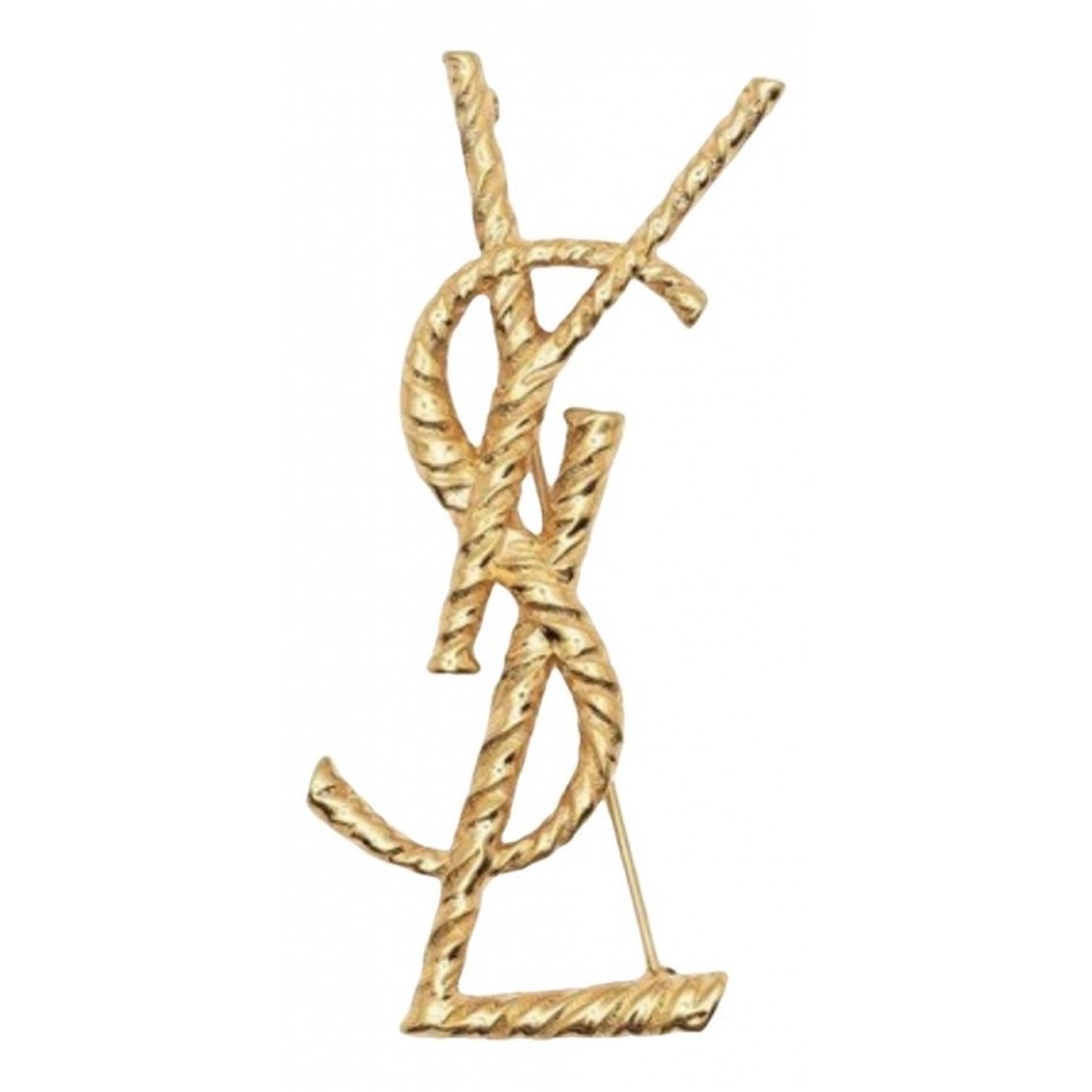 SAINT LAURENT YSL monogram logo textured gold tone brooch pin